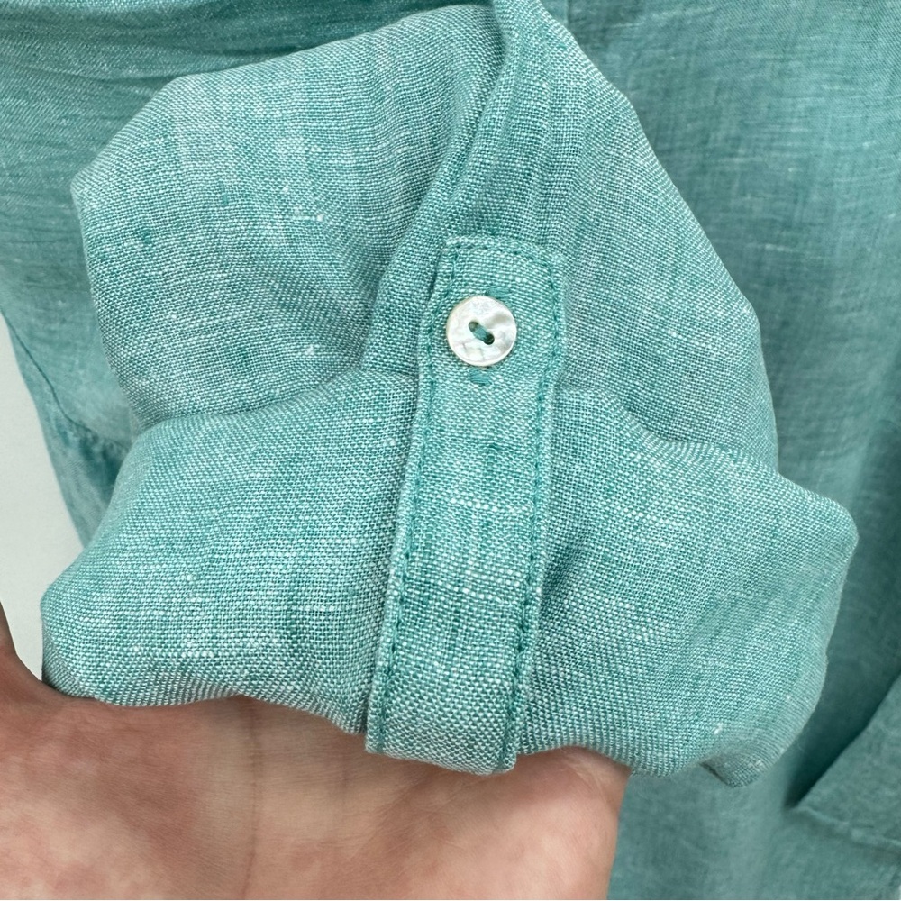 Tahari Teal Linen Button Down Top - Picture 9 of 11